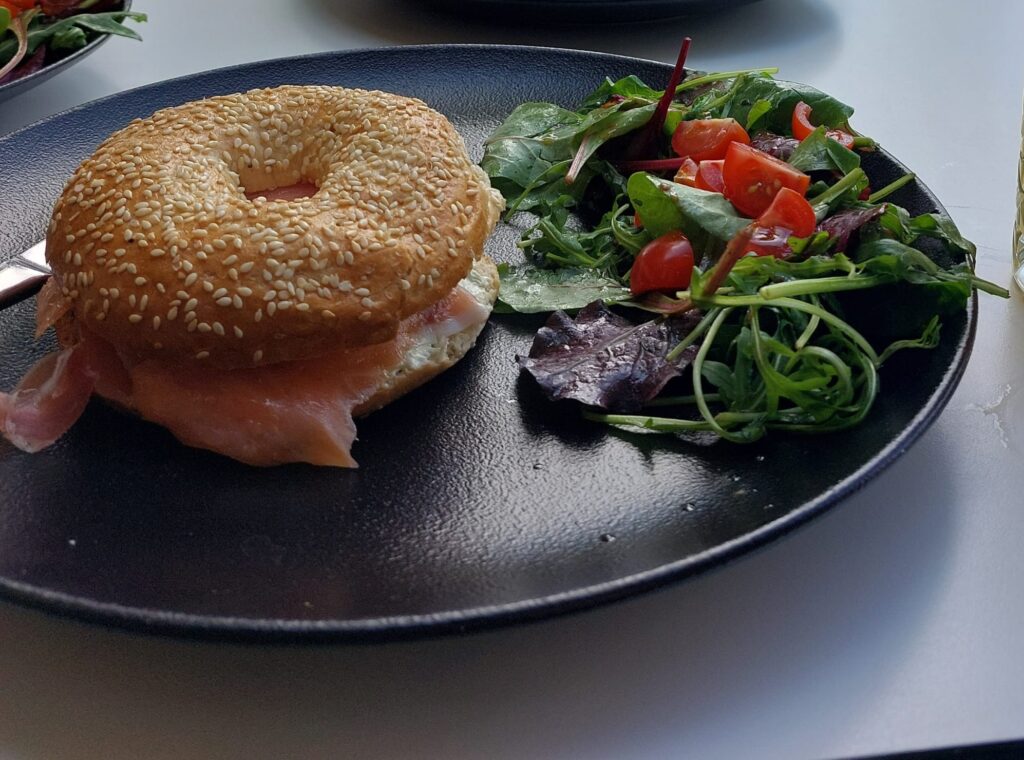 Homemade smoked salmon bagel